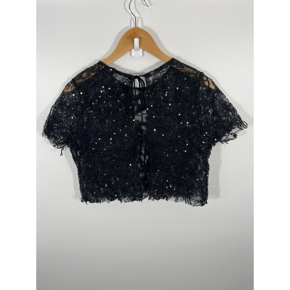 Festival Going Out Whimsigoth Dark Fairy Women Top Black Sequins Tie Front Sheer